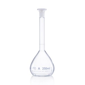 Volumetric flask w/ plastic stopper blue printed 14/23 cl-A 250 ml